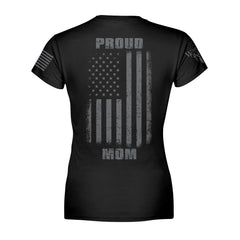 The back of "Proud Mom" featuring the main design of, American flag with the words proud mom on the back.