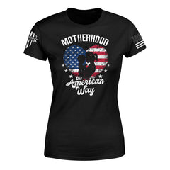 "Motherhood " is printed on a Black t-shirt with the main design printed on the the front and the back of this t-shirt has no printing. This shirt features our brand logo on the right sleeve and the American Flag on the left sleeve.