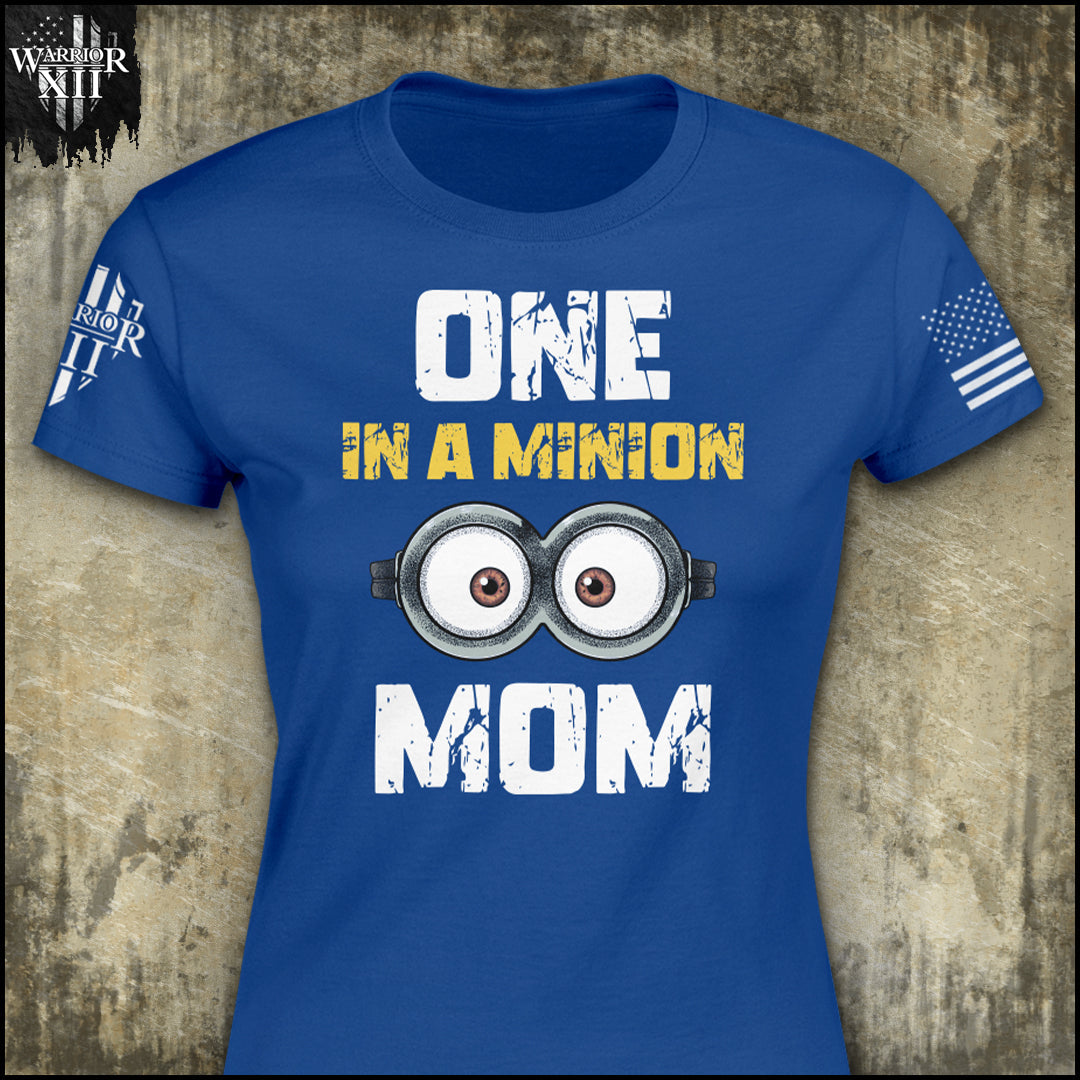 "Mom - One In A Minion" is printed on a Blue t-shirt with the main design printed on the the front and the back of this t-shirt has no printing. This shirt features our brand logo on the right sleeve and the American Flag on the left sleeve.