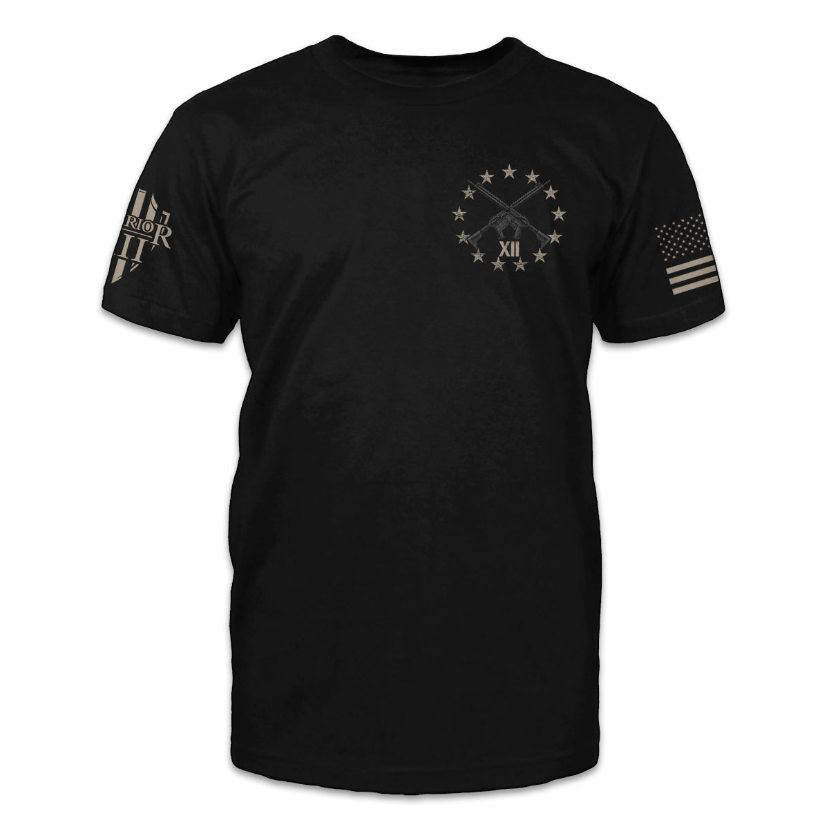 A black t-shirt with stars and guns on the front of the 1776% Sure shirt.