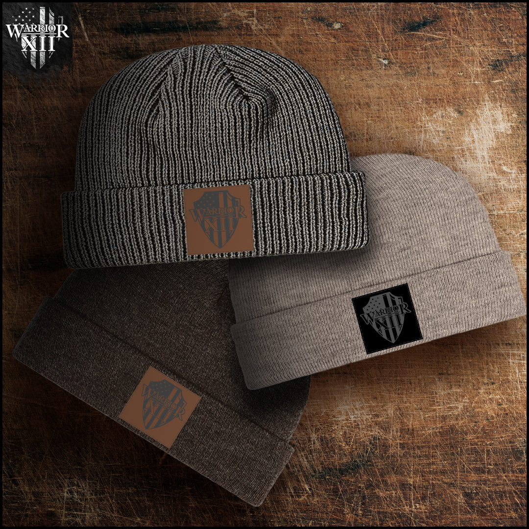 Dark Gray Line Knit Beanie - W12 Dark Brown Patch