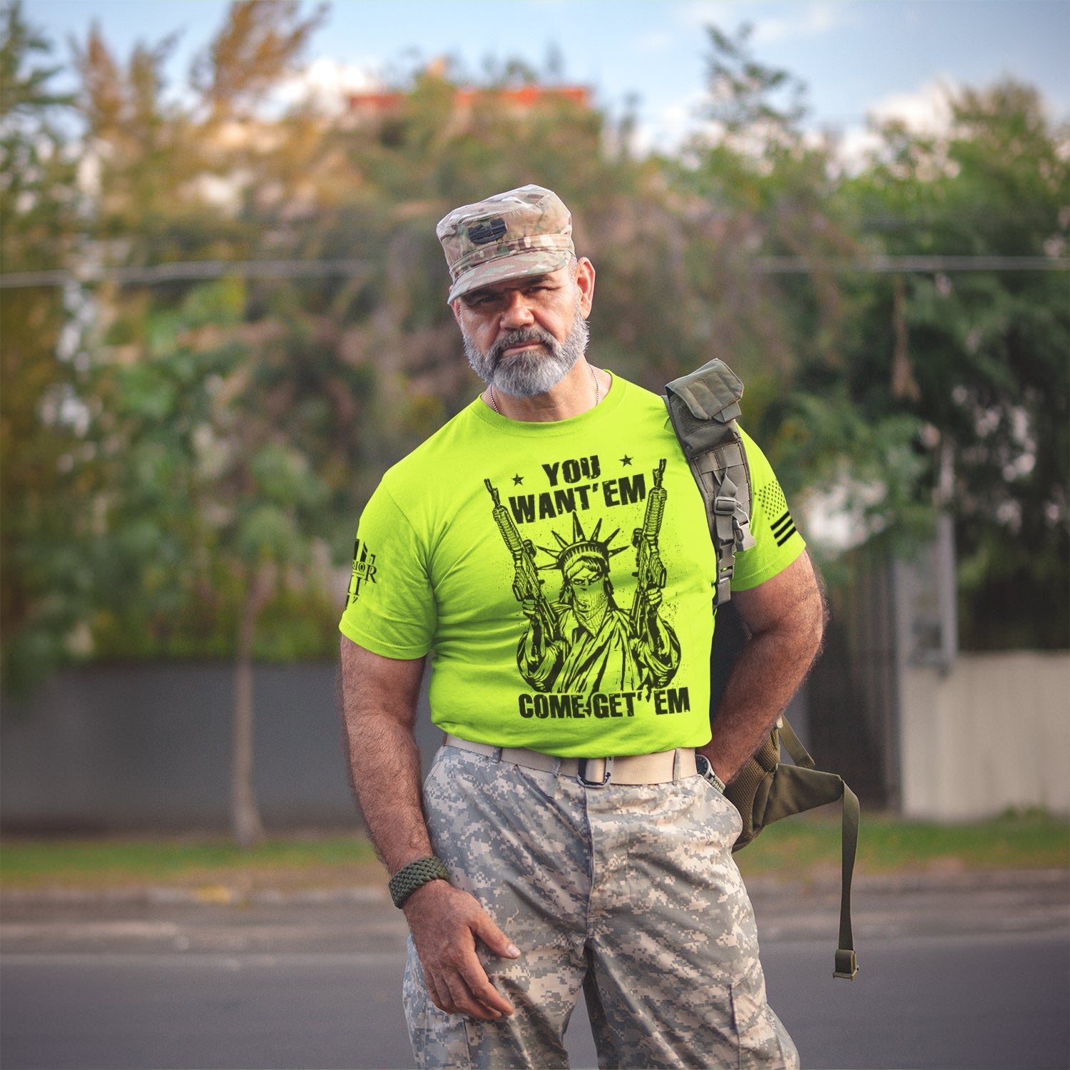 Happy customer showing off his Come Get 'Em Hi Vis Yellow t-shirt