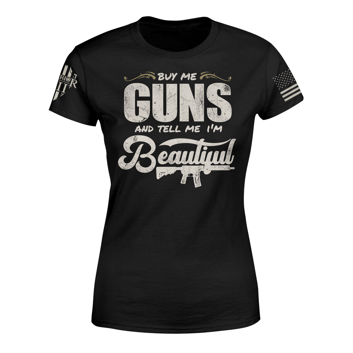 "Tell Me I'm Beautiful" is printed on a Black t-shirt with the main design printed on the the front and the back of this t-shirt has no printing. This shirt features our brand logo on the right sleeve and the American Flag on the left sleeve.