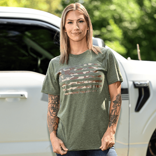 Women's Camo American Flag Patriotic Boyfriend Fit T-Shirt (Army Green)