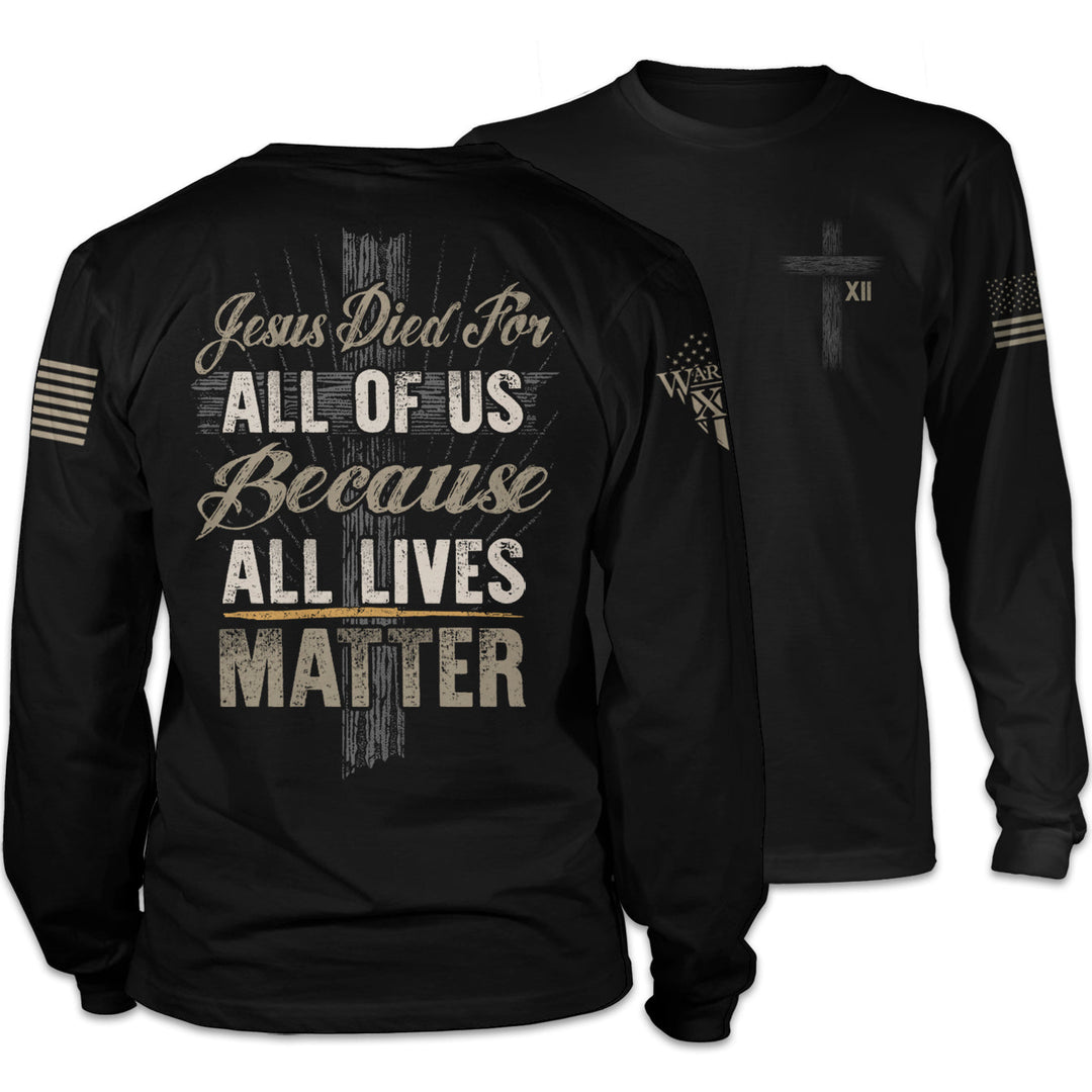 "All Lives Matter" is printed on a black t-shirt with the main design printed on the back and a small print on the front left chest. This shirt features our brand logo on the right sleeve and the American Flag on the left sleeve.